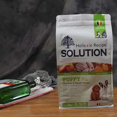 Sacos inferiores lisos do reforço do malote plástico do suporte do saco do empacotamento de alimentos para animais de estimação do cão BRC acima com zíper